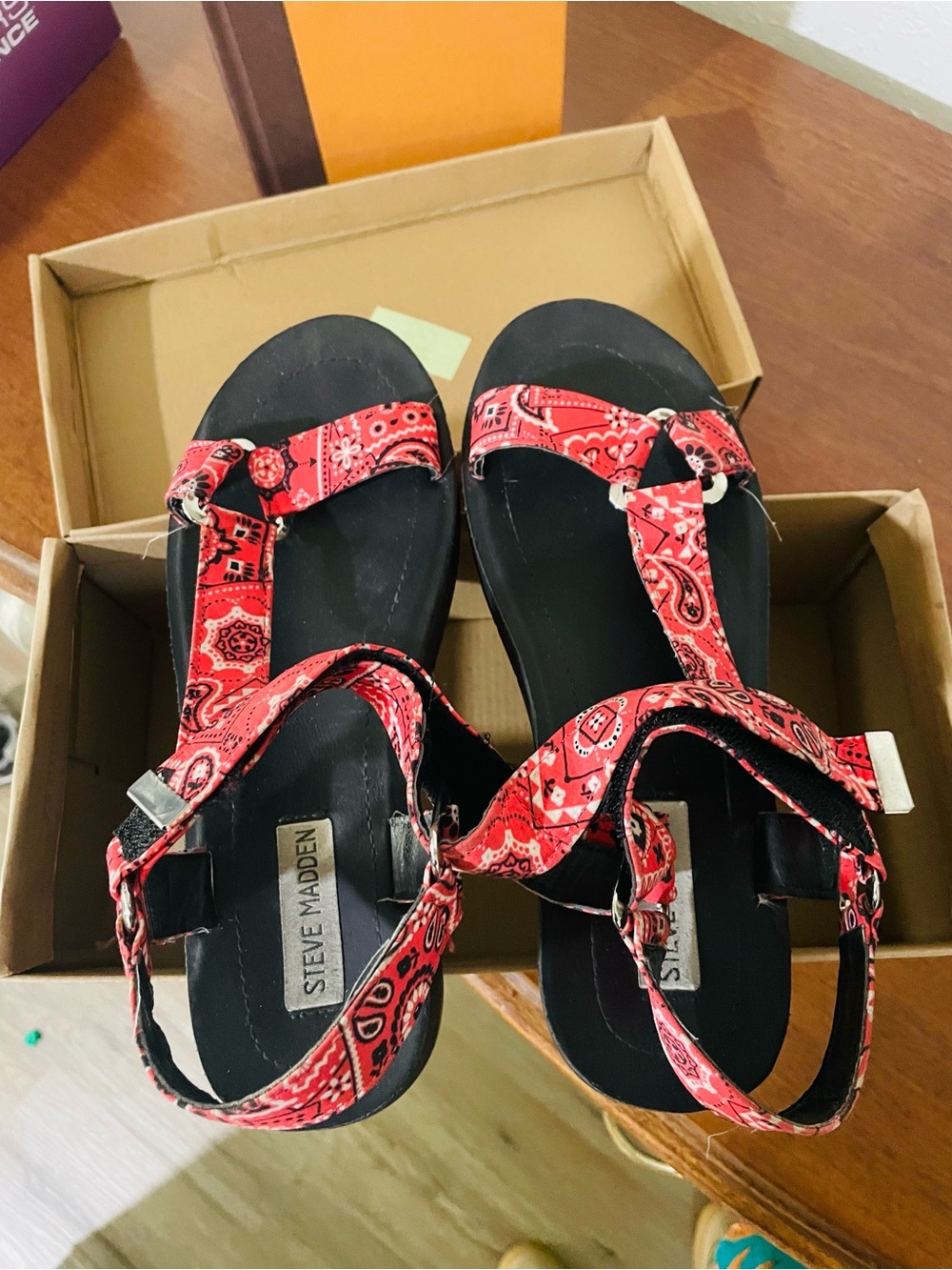 Steve Madden Red Bandana Print Strappy Flat Sandals